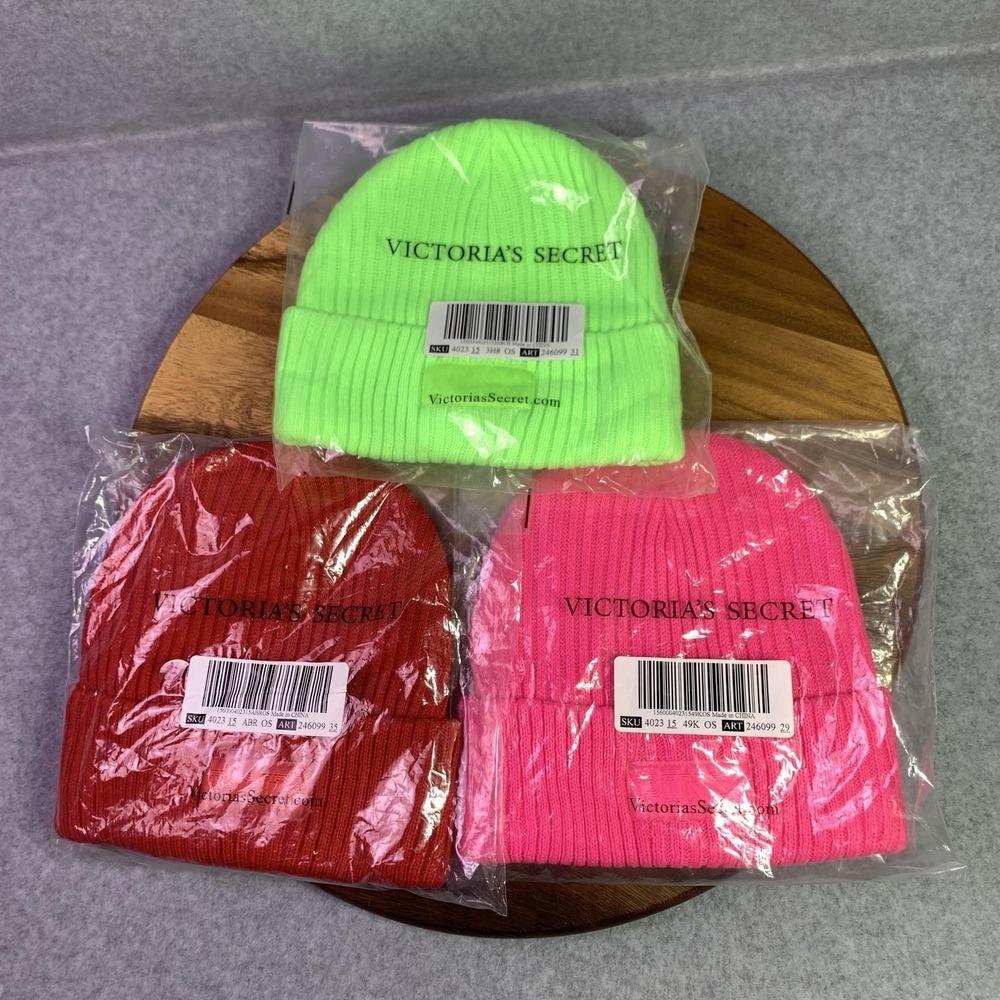 PINK‎ Victoria's Secret Hat Beanie Fitted Womens One Size Neon 3 Pack Multicolor